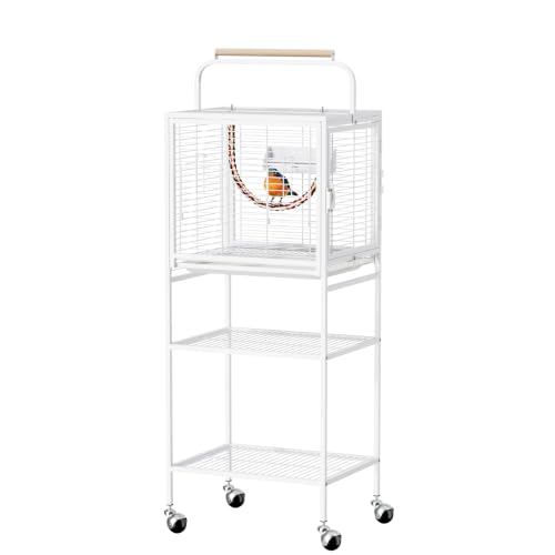 Image of VINGLI Small Bird Cage with Rolling Stang, 52 inch Wrought Iron Parakeet Cage with Wooden Perch and Storage Shelves for Parrot Lovebirds Finches Small /Medium Birds (Black with Stand)
