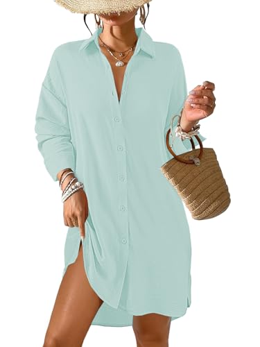 Tanmolo Damen Strandkleid Bikini Cover Up Sommer Strandbluse Strandhemd V-Ausschnitt Strandponcho Bademode Strand Vertuschen Shirt (Minzgrün,L)