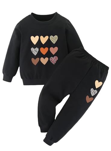 Image of Cute Toddler Girls Sweatsuit - Casual Heart Print Child Clothes Fall Outfit
