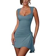 Lrady Womens Sexy Square Neck Bodycon Sleeveless Ruched Side Drawstring Flare Mini Party Club Sho...