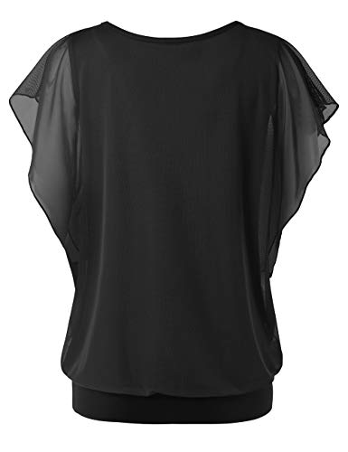 BAISHENGGT Women's Printed Flouncing Flared Short Sleeve Mesh Blouse Top X-Large Solid Black - Thumbnail 2