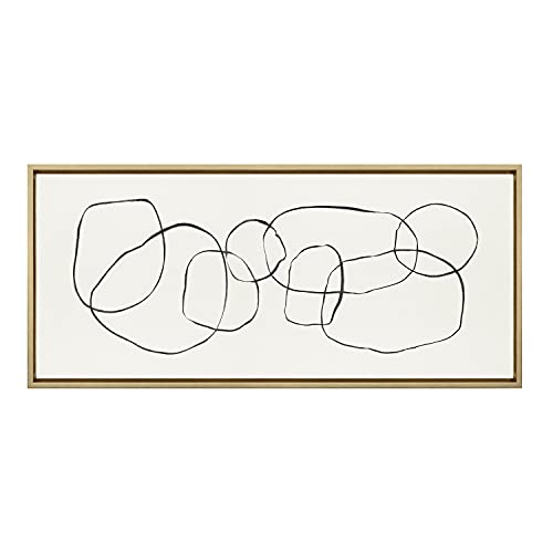 Kate and Laurel Sylvie Dancing Circles Framed Linen Textured Canvas Wall Art by Teju Reval of SnazzyHues, 18x40 Gold, Neutral Abstract Wall Decor