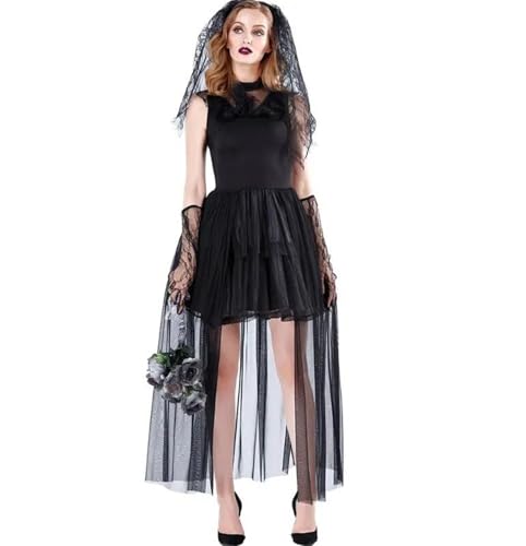 Women Dress Adult Horror Bride Sleeveless Dress with Wedding Veil Lace Gloves Halloween Cosplay Devil for Vampire Witch,Black,XL
