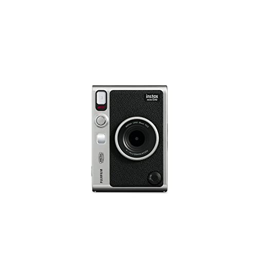 Vista frontal de la cámara híbrida instax Mini EVO, destacando su diseño moderno y elegante con botones de control.