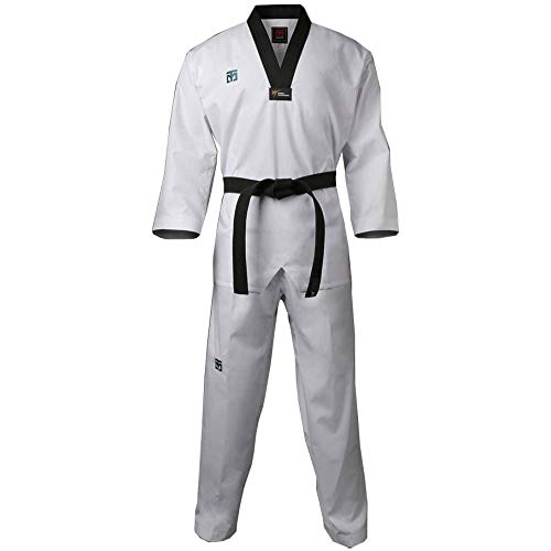 MOOTO Korea Taekwondo Challenger Uniform (Black,White V-Neck) Martial Arts Karate Hapkido Team Demonstration Gym (1. Black, 210(Height:210~219cm)(6.88~7.19ft))