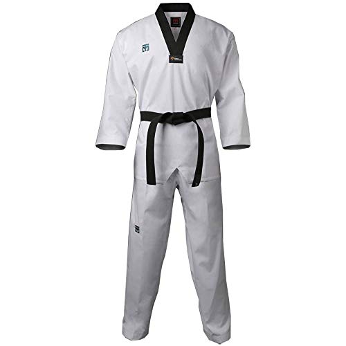 Mooto Korea Taekwondo Challenger Uniforme (Cuello en V, Blanco) para Artes Marciales Karate Hapkido Team Demostration Gym, 1. Negro, 180(Height:180~189cm)(5.90~6.20ft)