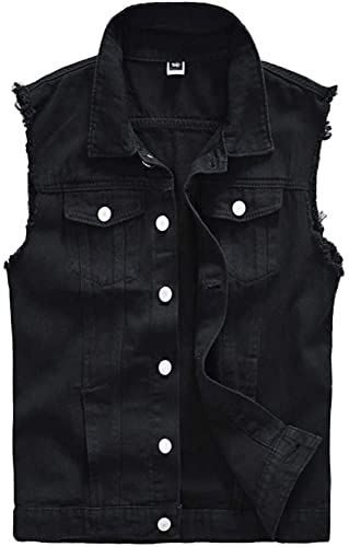Image of Lazutom Men's Sleeveless Denim Vest Casual Slim Fit Ripped Classic Button Down Jean Jacket