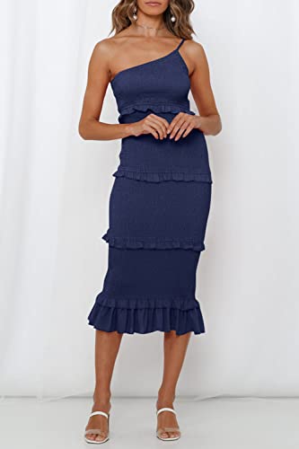 Image of PRETTYGARDEN Women's Summer Midi Bodycon Dresses One Shoulder Strappy Tiered Ruffle Floral Boho Sun Dress