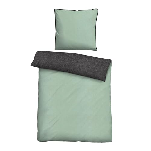 biberna 0840500 Wende-Bettwäsche Garnitur mit Kopfkissenbezug Melange-Flanell 1x 135x200 cm + 1x 80x80 cm, mint