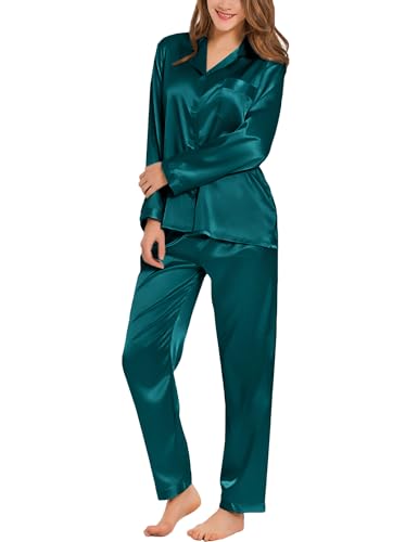 SWOMOG Damen Satin-Schlafanzug-Set Langarm Nachtwäsche Knopfleiste Loungewear 2-teiliges Pj-Set Weiche Pyjamas Grün XXL
