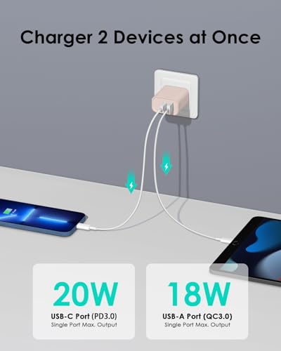 Image of [4 Pack] USB C Charger Block Fast Charging Multiport Adpater [PD 20W USB-C & QC 3.0 USB-A Port] for iPhone 17 /16 /15 /14 /13 /12 /11 /X /8, iPad, Galaxy, Google & More [Light Pink]