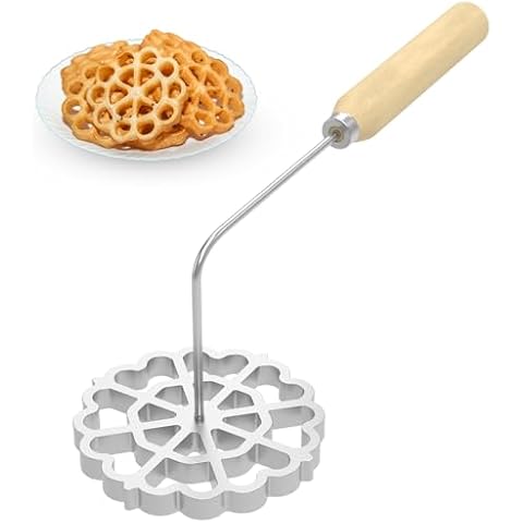 RVEFOT Bunuelos Mold,Aluminum Bunuelos Cookie Maker Mold with Wooden Handle, Detachable Rosette Iron Molds Set,Waffle Molds Funnel Cake Ring,Achappam Mold for Kitchen Baking Cooking 4.8 inches Cover