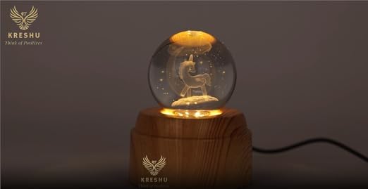 Image of KRESHU Unicorn Moon 3D Crystal Rotating Glass Ball Dimmable Warm LED Light Wooden Stand Luminous USB Cable Decoration Night Lights for Art Home Decoration Birthday Gift (Pack of 1)