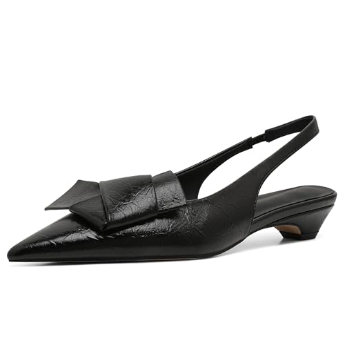 Women's Kitten Heels Black Pumps Dress Shoes Low Heel Wedding Slingback Pointed Toe Bridal Shoes