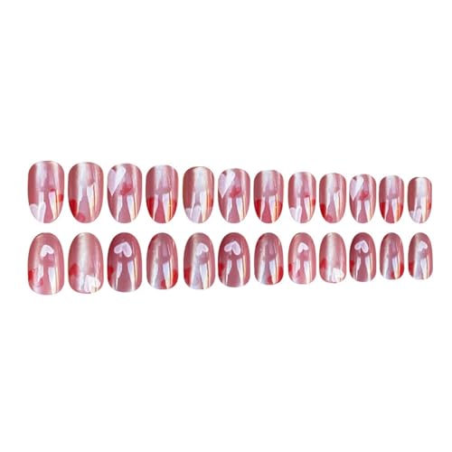 Image of Pink Glitter Press on Nails Short Almond Fake Nails Red Heart Glue on Nail Press ons with Design Shiny Glossy Full Cover Valentines Stick on Nail for Women Manicure 24Pcs