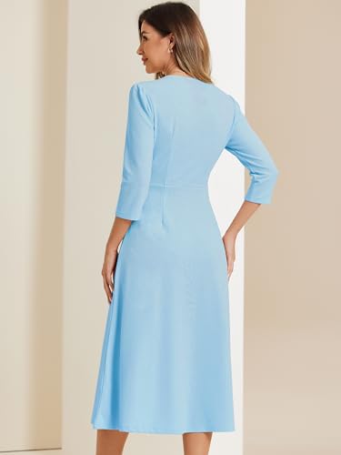 Image of Allegra K Womens 3 /4 Sleeve A-Line Business Work Formal Midi Dress | Elegant Dresses with Pockets, V Neck, Cockatail Party Church Funeral Outfits, Spring Fall Winter