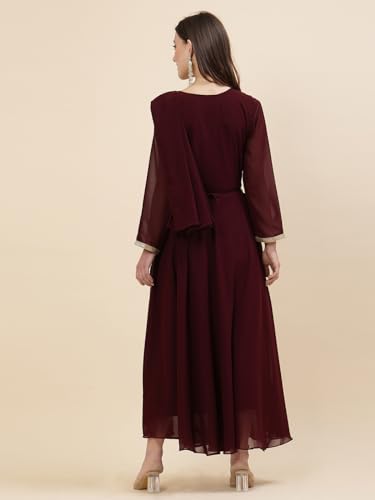Image of Women's Embroidered Maxi Fit Flared Ethnic Dress Saree Wine