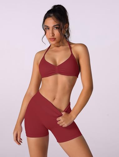 Image of ABOCIW Womens Seamless Workout Sets 2 Piece Strappy Halter Sports Bra Scrunch Butt Shorts Gym Yoga Outfits