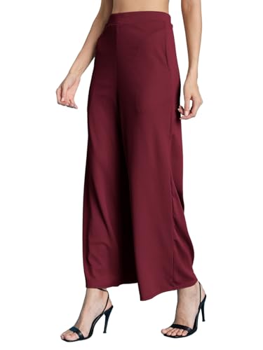 Image of Selvia Women's Solid Ribbed Lycra Elastic Regular Fit Wide-Leg Trouser