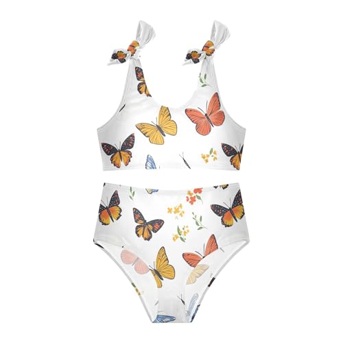 JUNZAN Cartoon Cute Butterflies White Girls Bikinis Sets High Waisted 2 Piece Swimwear Girls Bikini Bottom 3T2