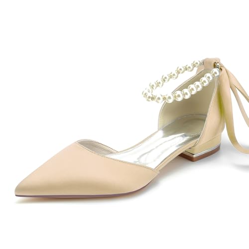 Image of Women's Pointed Toe Pumps Pearl Satin Wedding Shoes for Bride Flats Ankle Strap Bridal Shoes Formal Prom Party Dress Pumps Sandals