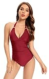 SHEKINI Damen Einteilige Badeanzug Vintage Tiefen V Ausschinitt Verstellbar Neckholder Schnürungen Bademode Rückenfrei Ruched Bauchweg Monokini für Frauen(L,Weinrot D)