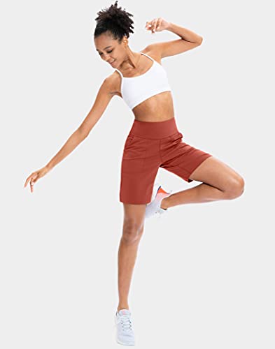 Santiny Bermuda Shorts For Women With Zipper Pocket Womens High Waisted Long Shorts For Running Workout Athletic(Savannah Red_L) #TOP5