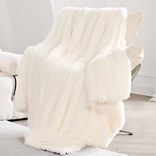 Fluffy Blanket 130×160CM, Soft Cozy Faux Fur Throw Blanket, Cream White Throw Blanket, Decorative Blanket for Couch Sofa, Fuzzy Throws, Plush Blankets, Bedspreads, Throws and Blankets for All Seasons