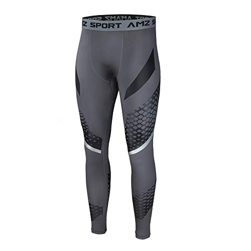 AMZSPORT Leggings Sportivi a Compressione in Esecuzione Collant da Allenamento con Stampa a Rete, Grigio, L