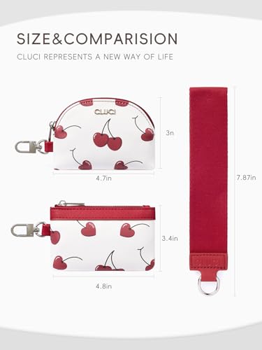 Image of CLUCI Keychain Wallet for Women PU Leather Coin Purse Detachable Dual Pouch Wristlet Wallet Zipper Pocket Cherry Print