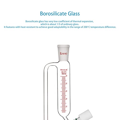stonylab Graduierter Druckausgleichs Zusatztrichter, Borosilikatglas Tropftrichter mit 24/40 Gelenk und Hochvakuumventil für Laborglas Zusatztrichter, 50 ml