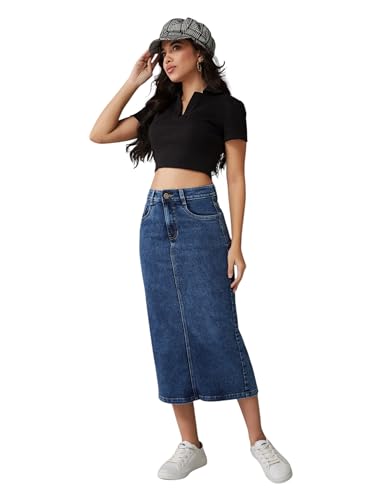 Image of Dolce Crudo Women's Flared High-Rise Stretchable Denim Maxi Skirt