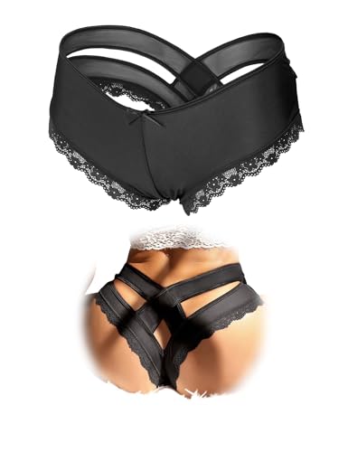 sunshinelady Damen String Tanga Spitze Sexy Unterwäsche Höschen Dessous Slips Hipster Atmungsaktiv Weich Bequem Panty Unterhose für Frau Reizwäsche Große Größen Cut-Out Design Schwarz XL-2XL