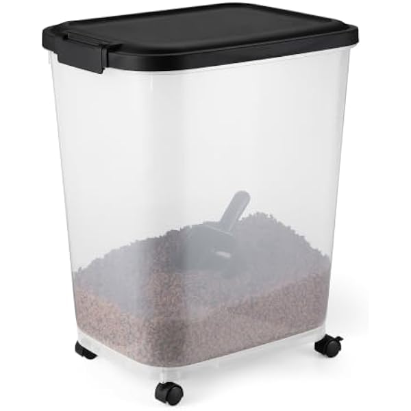 Amazon Basics Pet Food Storage Container with Rolling Wheels, BPA-Free, Detachable Scoop, 50lbs Capacity