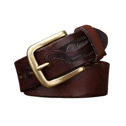 Men's Women's Vintage Leather Embossed Belt, Genuine Top-Grain Cowhide with Carved Feathers Western Pattern Waist Strap(115cm/45, Reddish Brown)
