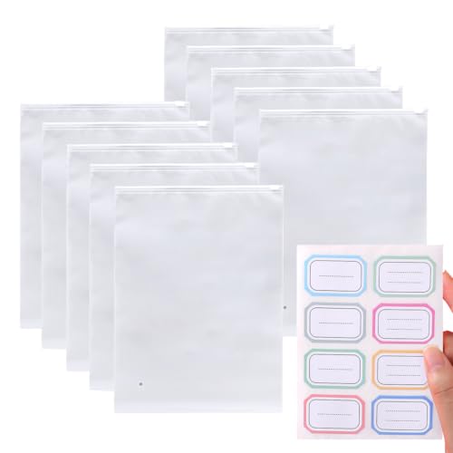 SGERUFZ Pack of 10 Reusable Zip Bags with Attached Labels, Waterproof Zip Storage Bags for Clothes, Underwear, Towels, Shoes, Cosmetics (40 x 30 cm)