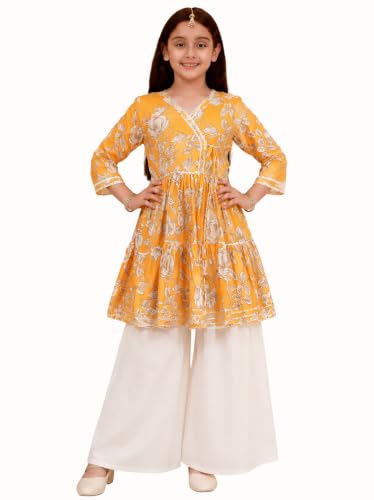 Image of Preneum Girl's Cotton Rayon Floral Printed Angrakha Kurta with Sharara & Dupatta
