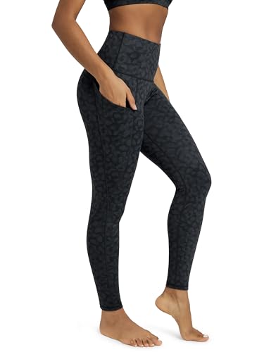 ODODOS Women's High Waisted Full Length Yoga Leggings with Pockets, 28" Inseam Tummy Control Non See Through Workout Athletic Running Yoga Pants, Charcoal Leopard, Medium