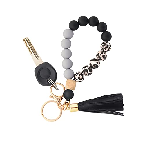 Image of BAOSIWA Silicone Key Ring Bracelet Wristlet Keychain Unique Beaded Bangle Key Chains for Women with Leather Tassel
