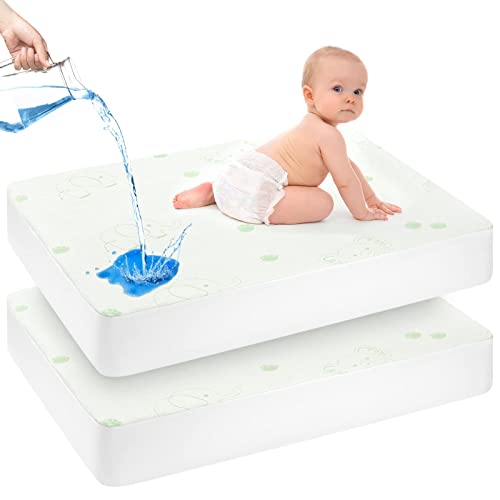 Image of 2 Pack Waterproof Crib Mattress Protector, MaidMAX Crib Mattress Protector Pad Soft Breathable Bamboo Fiber Quilted Fitted Baby Mattress Cover, White, 28 x 52 inch