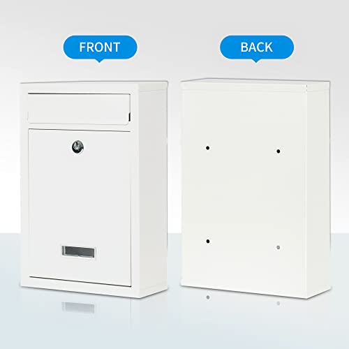 Yoobox Wall-Mounted Mailbox, Outdoor Steel Postbox With Key Lock, Windproof Hanging Secured Drop Box, White, 12.6 X 8.46 X 3.35 Inch, Medium Capacity #TOP4