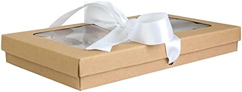 Emartbuy Pack of 12 Rectangle Shaped Presentation Gift Box, 21 cm x 12.5 cm x 2.5 cm, Brown Kraft Box with Clear Lid and Satin Ribbon