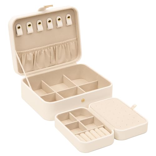 Amjoy Jewelry Organizer,2-Layer Jewelry box,Protable Travel Jewelry Tray,Large Space Storage Case for Earrings,Rings,Necklaces,Bracelets,Gift for Women,Unique Design,White and Gold