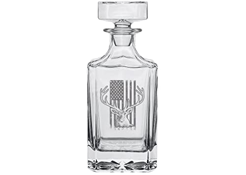 Rogue River Tactical USA Flag Buck Hunting Whiskey Decanter With Glass Stopper Custom Gift For Men Dad Veteran Father's Day Deer Hunter