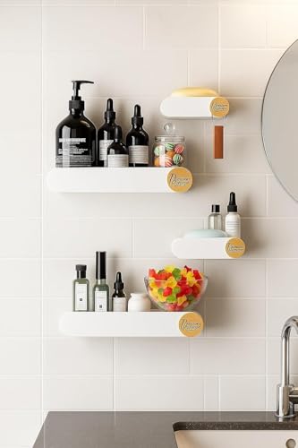 Image of RIOMAX Pack of 4 Bathroom Shelf for Wall, Self-Adhesive Bathroom Organiser, Wall Mounted Shelf, Kitchen Storage Racks, Soap Holder (Plastic, 2 Bathroom Shelves+ 2 Soap Holders) (White)