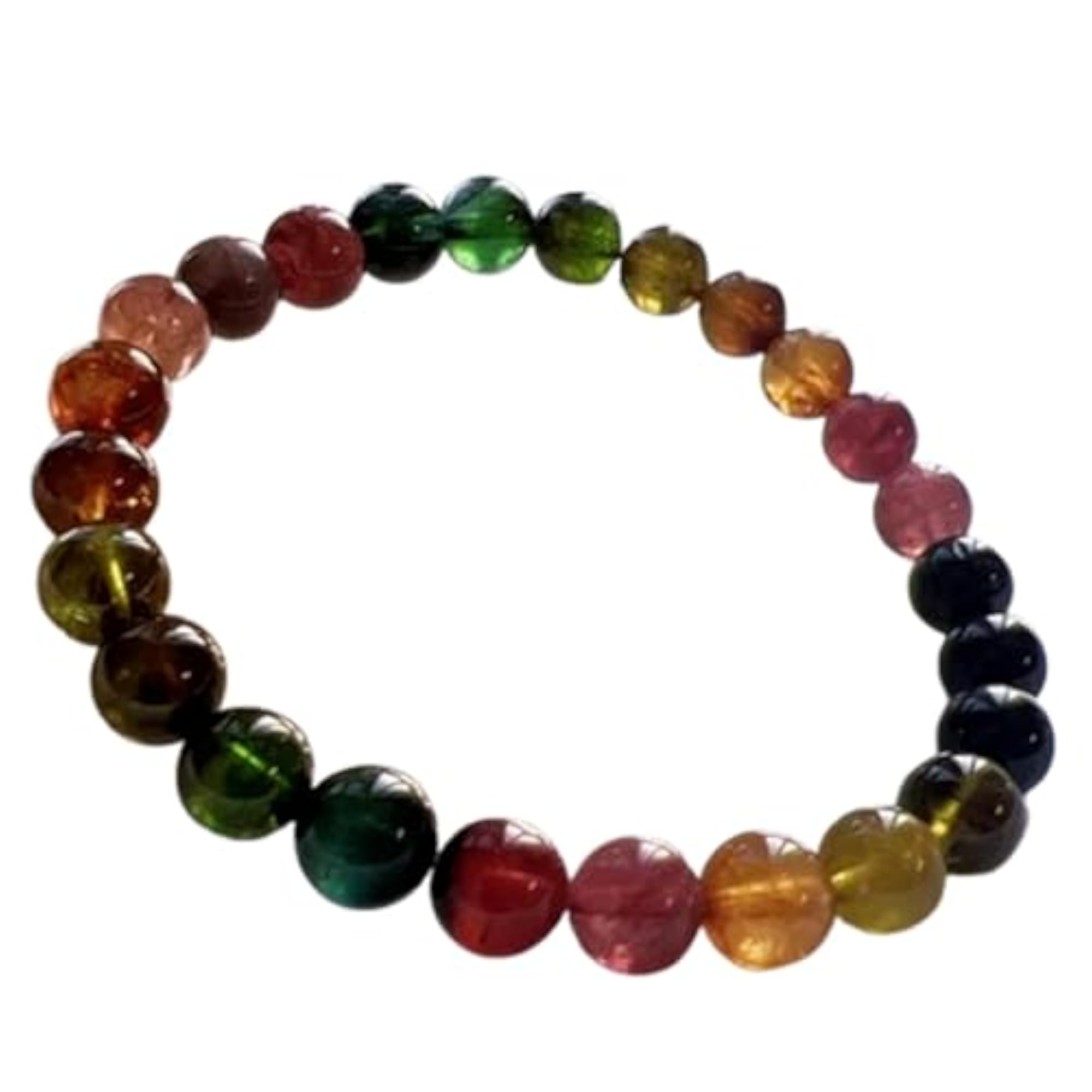 Unisex Natural Rainbow Tourmaline 8mm Smooth Cut Bead Stretch Bracelet