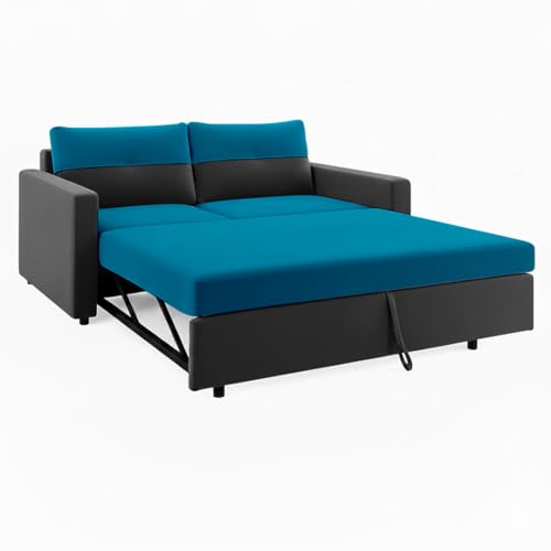 Image of SOCOZI Enrique 2-Seater Pull-Out Sofa Cum Bed | Soft Velvet Suede Fabric, Convertible Sofa Bed for Bedroom (Dark Grey-Aqua Blue)