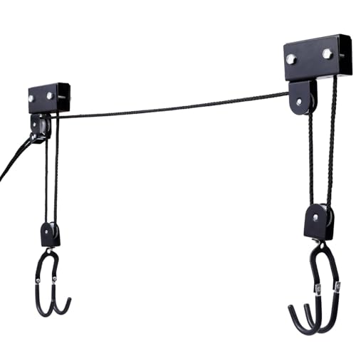 FRITHJILL Kayak Hoist System with Rubber-Coated Hooks - Ceiling Storage Rack for Boats Up to 125 Lbs - Easy Install, Safety Lock, Space-Saving Garage Organizer, Black
