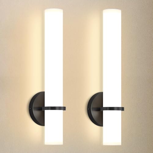Image of 16W LED Dimming Wall Sconces 2 Packs, 3000K Warm Lights Dimmable, White Lampshade Bathroom Vanity Lighting Wall Light Fixtures for Bedroom Dining Living Hallway, Black