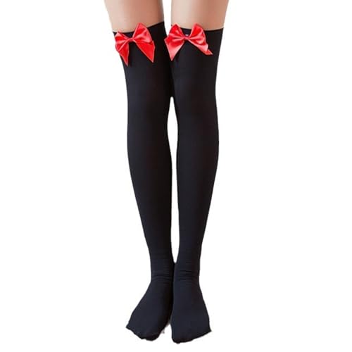 MEISH Red Bow Stocking Over The Knee Socks Black Thigh Knee High Sock Women Satin Bow Stockings Opaque Socks for Halloween Daily Party